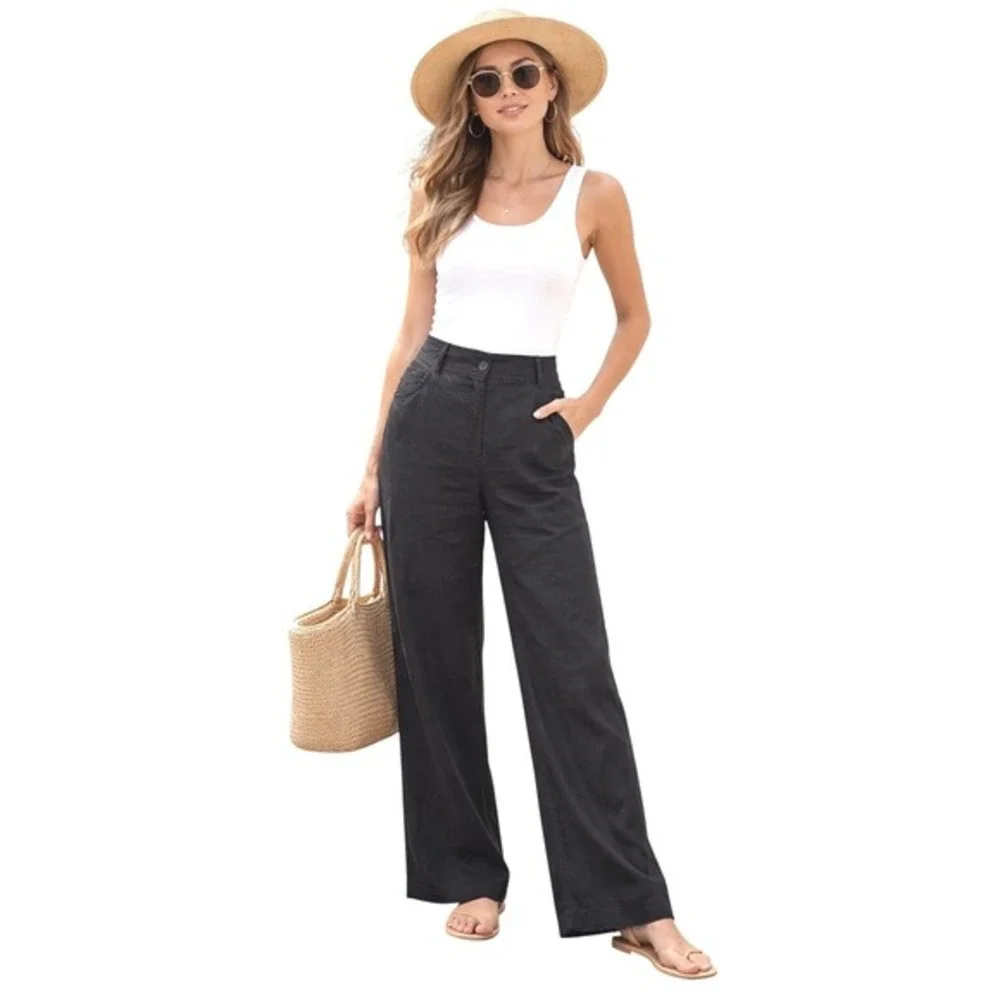 Zara Black Linen Blend High Waisted Wide Leg Trousers XL Resortwear Chic‎  82-03
